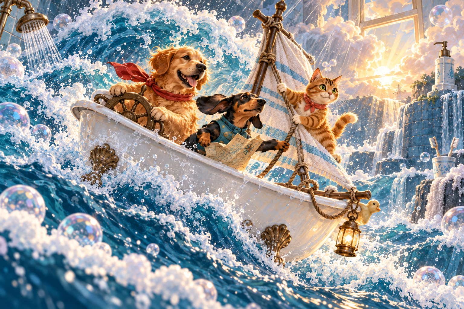 Three pets cross a playful storm of soap bubbles